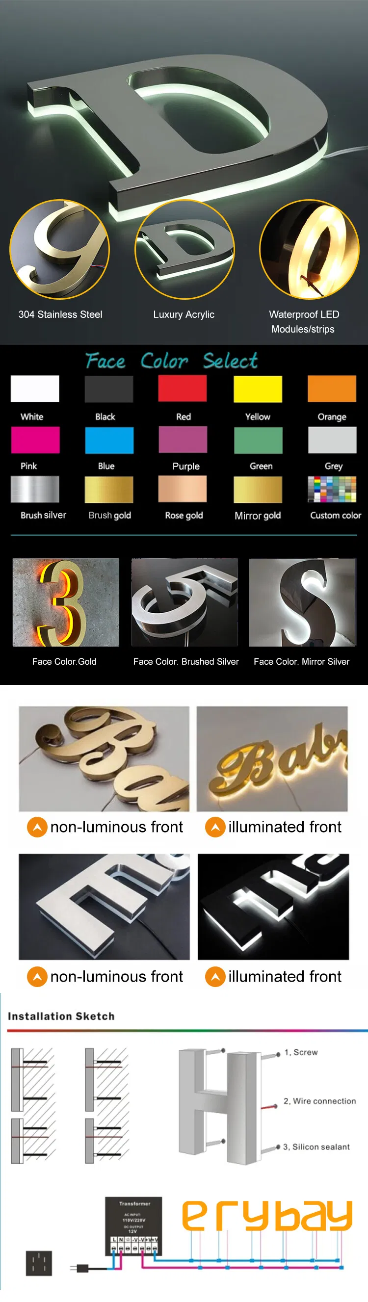 3D Gold Fabricated Stainless Steel Letters Brushed Metal Advertising LED Light Sign