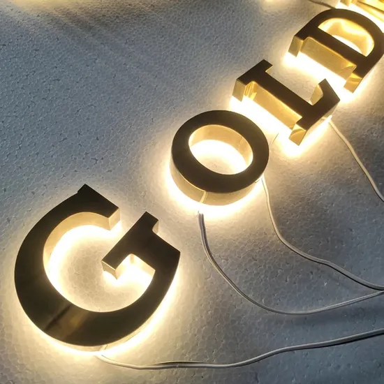 Custom Outdoor Illuminated Stainless Steel Letter 3D Gold Letters Gold Metal Letter 3D Backlit LED Sign