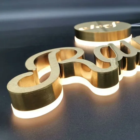 Custom Signs Stainless Steel LED Channel Letter Sign Indoor Business Light Logo Gold 3D Backlit Sign