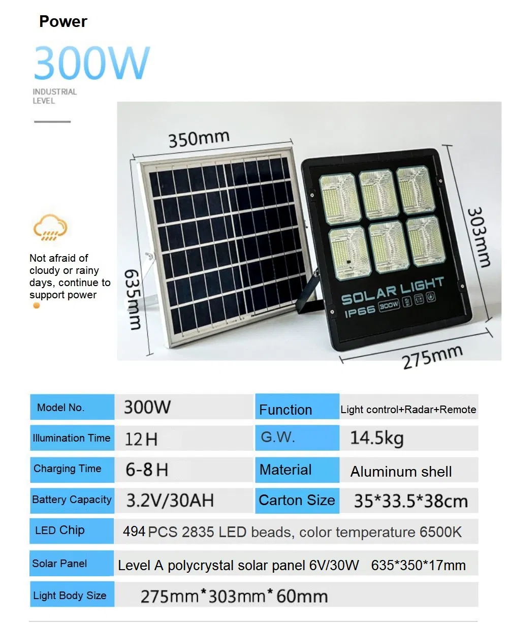 Aluminum 300W Garden Waterproof IP66 Energy Saving Light Solar Flood Lamp Floodlight