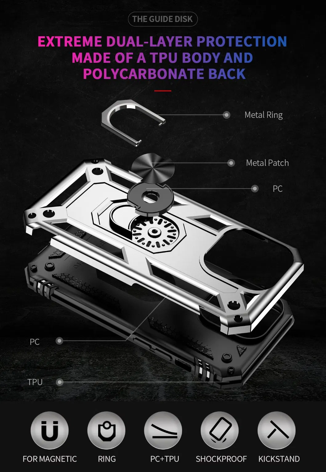 2-in-1 Armor Phone Case with Metal Ring Holder Portable Kickstand for iPhone 15PRO Max