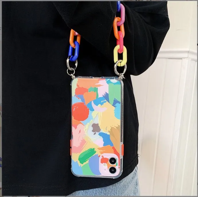 Colorful Chain Phone Case Girly Fashion Graffiti Oil Painting Anti-Drop