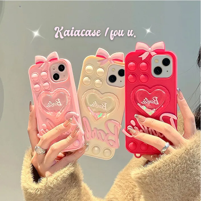 Cute Style Bowknot Heart Shape Silicone Phone Case Pressure-Relief Function Mobile Phone Cover for iPhone 15 14 13 PRO Max