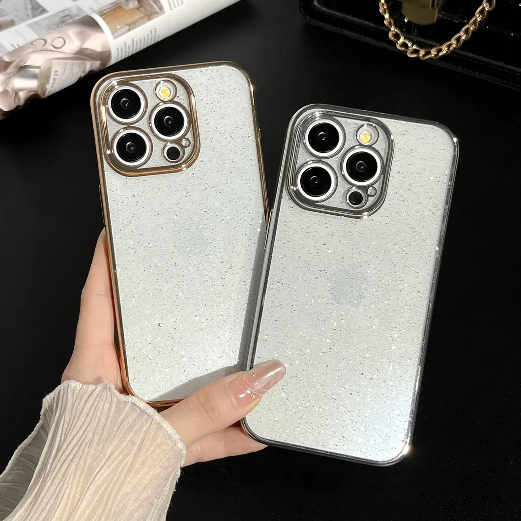 Glitter Clear Case Electroplated Frame Transparent Soft TPU Back Cover Bright Phone Case for iPhone 15PRO Max