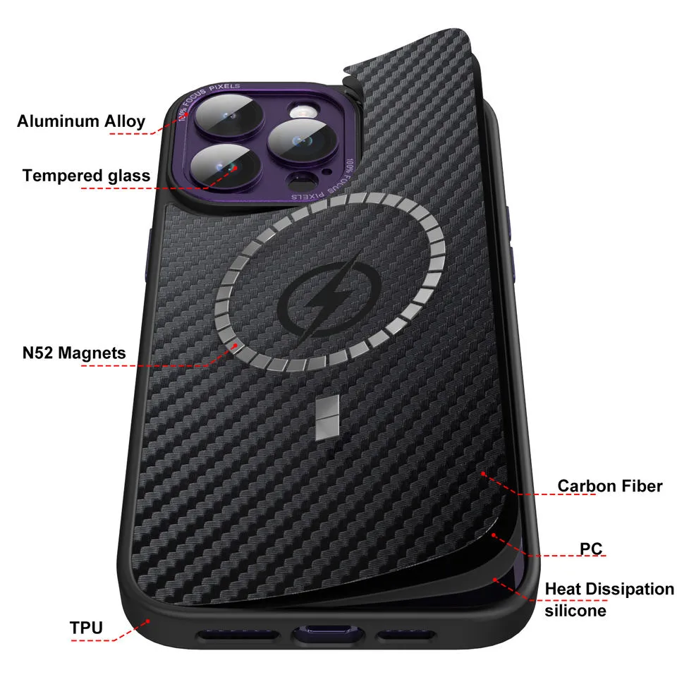 Heat Dissipation Alloy Carbon Fiber Magnetic Phone Case for iPhone 14 Pro Max 100% Focus Pixel Camera Protection Case