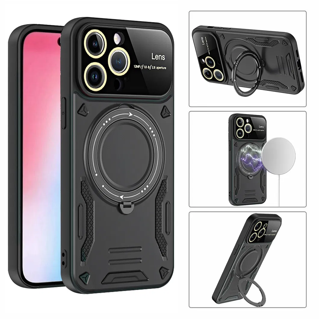 Hybrid Magnetic Armor Phone Case for iPhone 15 14PRO Max Wireless Charging 360 Degrees Bracket Cover