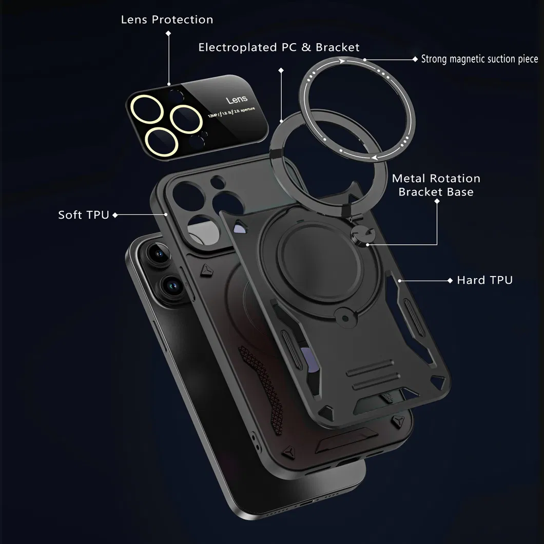 Hybrid Magnetic Armor Phone Case for iPhone 15 14PRO Max Wireless Charging 360 Degrees Bracket Cover