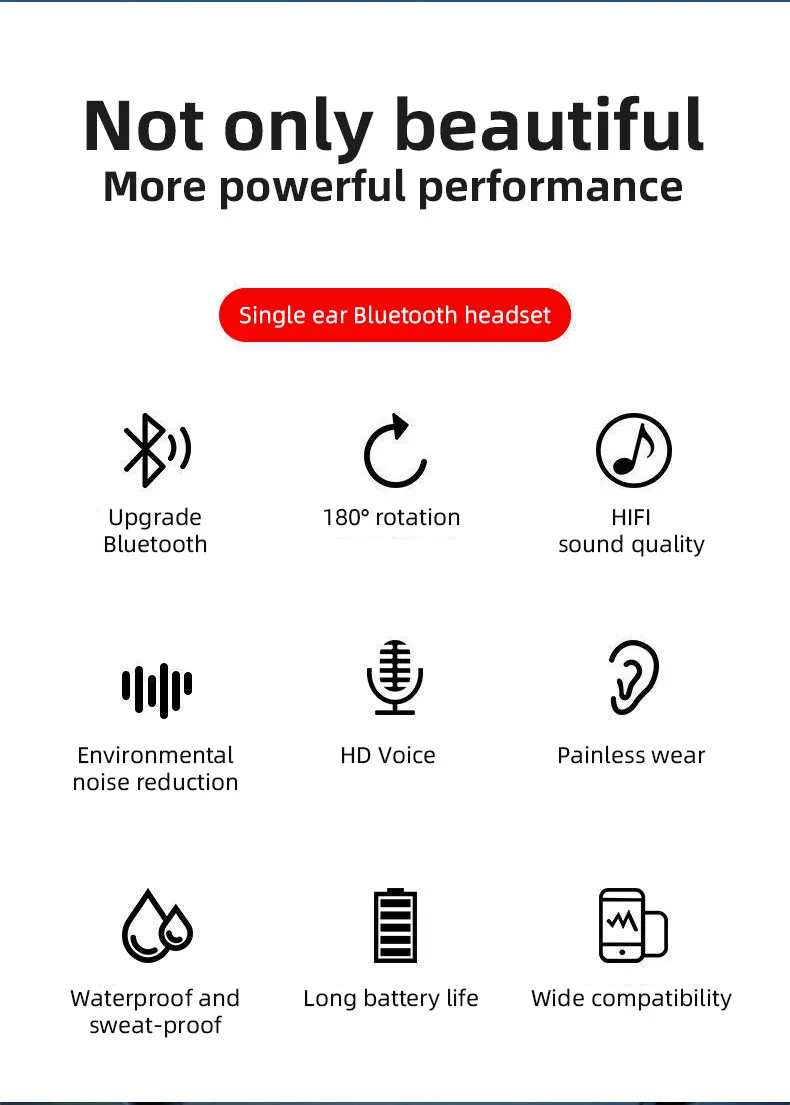 180 Degrees Rotate Wireless Bluetooth 5.2 Single Ear Hanging Lightweight Headset Fast Charging Noise Reduction Earphone