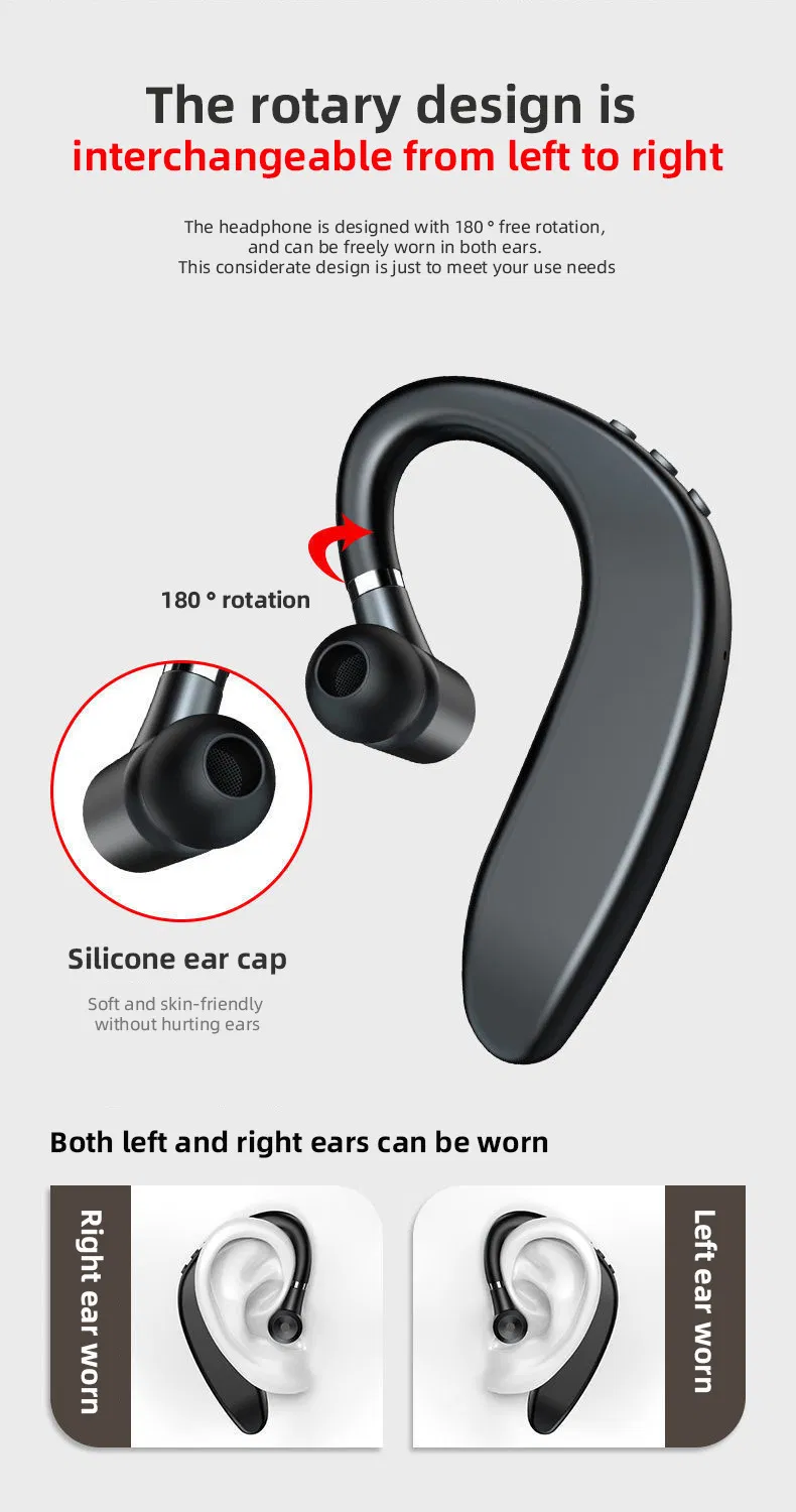 180 Degrees Rotate Wireless Bluetooth 5.2 Single Ear Hanging Lightweight Headset Fast Charging Noise Reduction Earphone