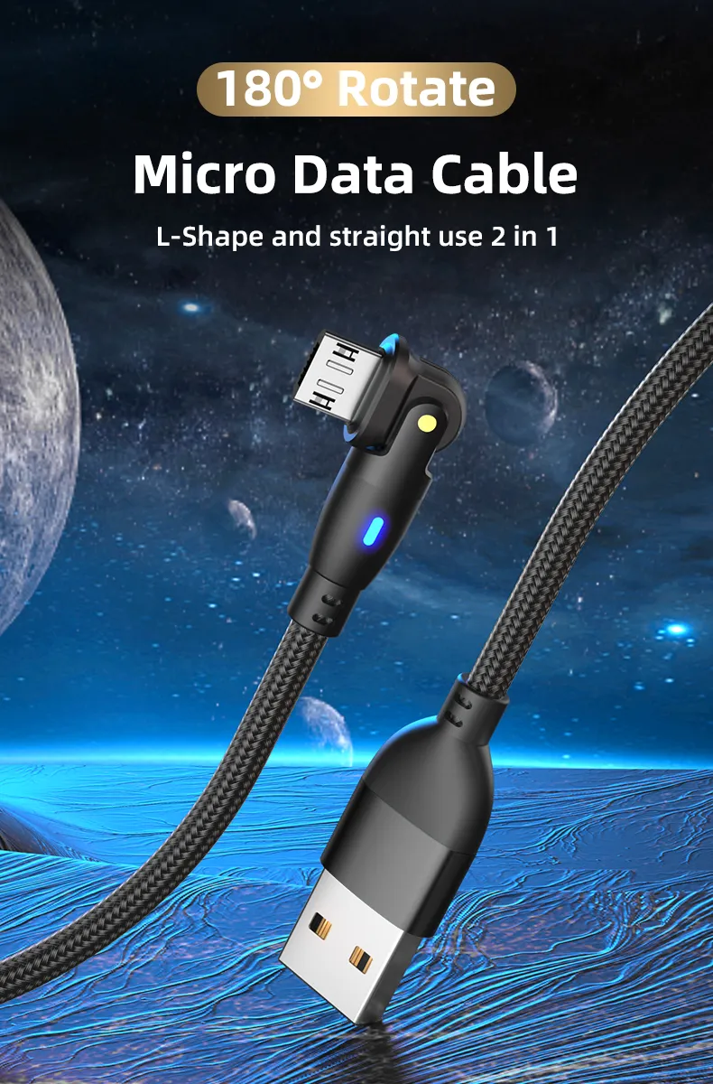 180 Degree Rotation Micro Quick Charging Cable Data Line with LED Indicator for Android Phone