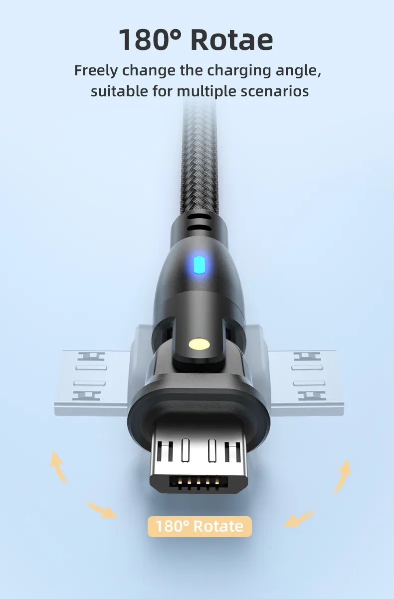 180 Degree Rotation Micro Quick Charging Cable Data Line with LED Indicator for Android Phone