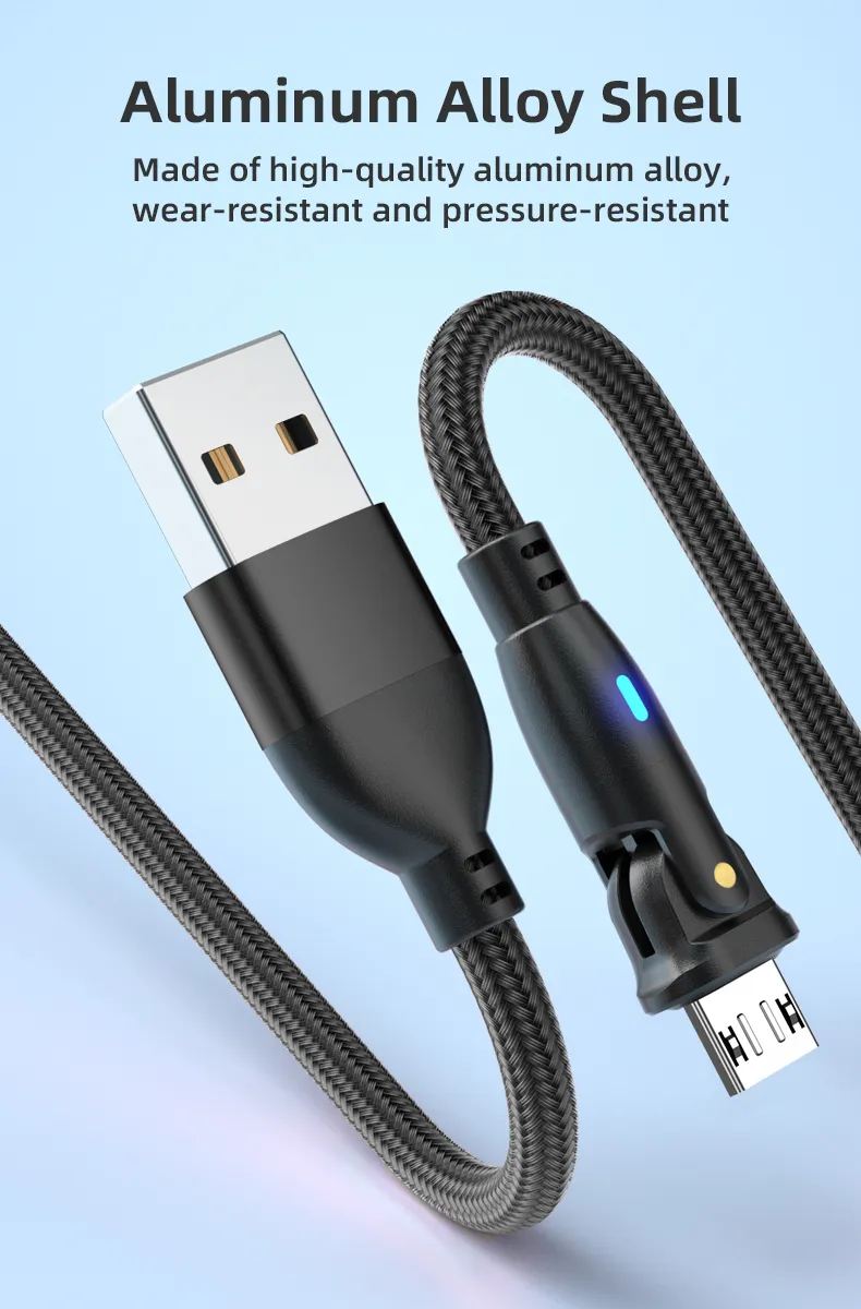 180 Degree Rotation Micro Quick Charging Cable Data Line with LED Indicator for Android Phone