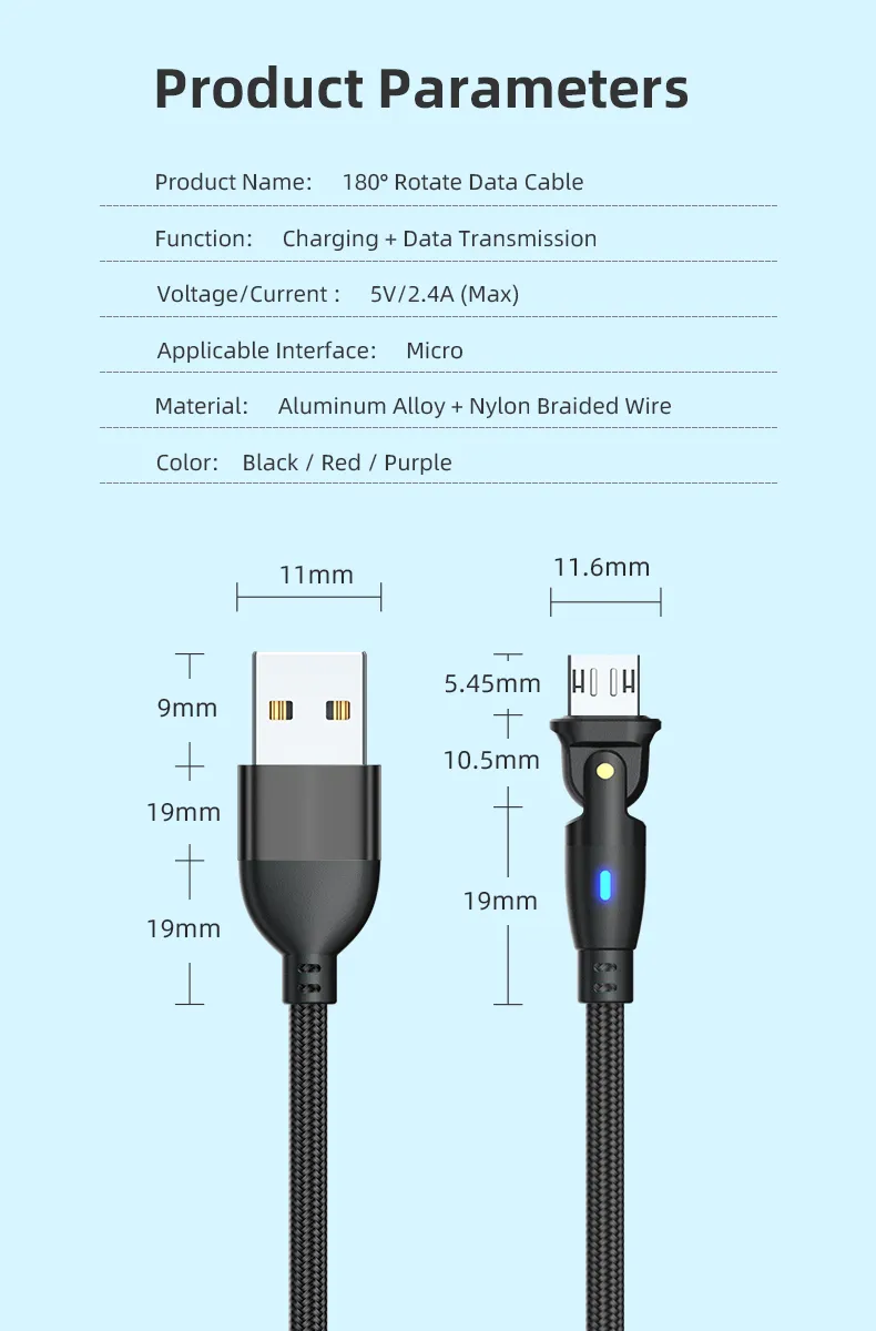 180 Degree Rotation Micro Quick Charging Cable Data Line with LED Indicator for Android Phone