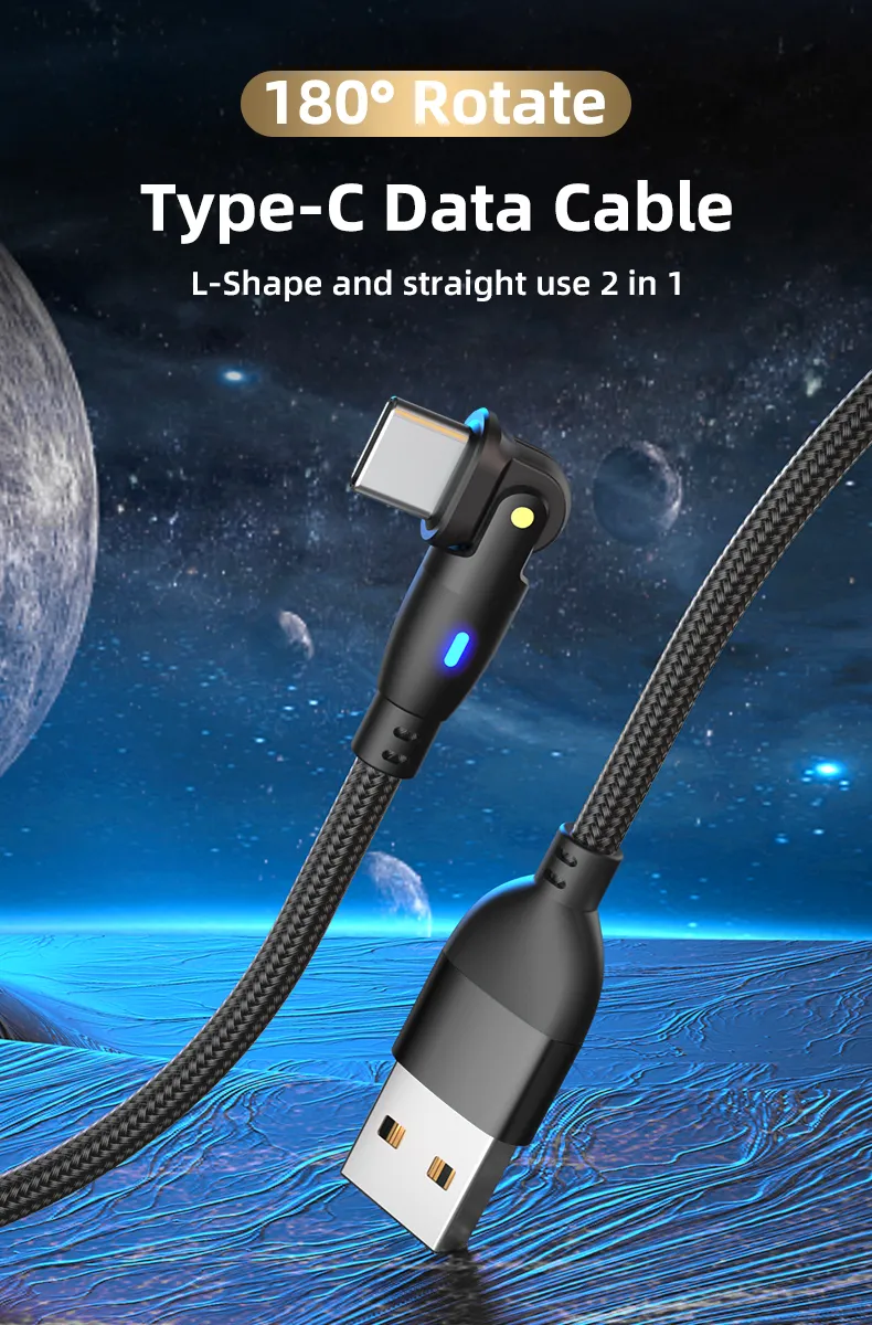 180 Degree Rotation Type-C Data Transmission Quick Charging LED Indicator USB Cable in L-Shape and Straight Use