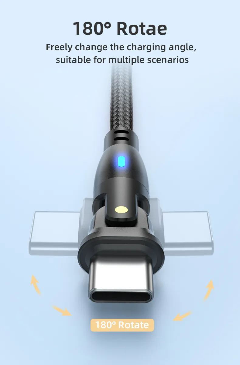 180 Degree Rotation Type-C Data Transmission Quick Charging LED Indicator USB Cable in L-Shape and Straight Use