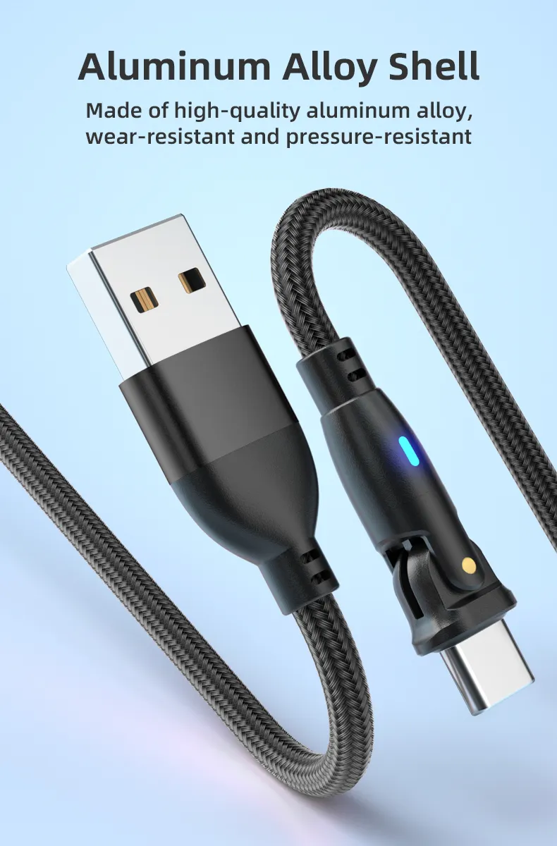 180 Degree Rotation Type-C Data Transmission Quick Charging LED Indicator USB Cable in L-Shape and Straight Use