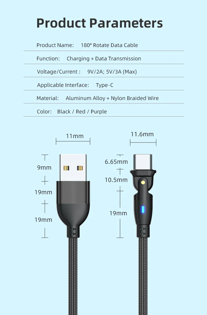 180 Degree Rotation Type-C Data Transmission Quick Charging LED Indicator USB Cable in L-Shape and Straight Use