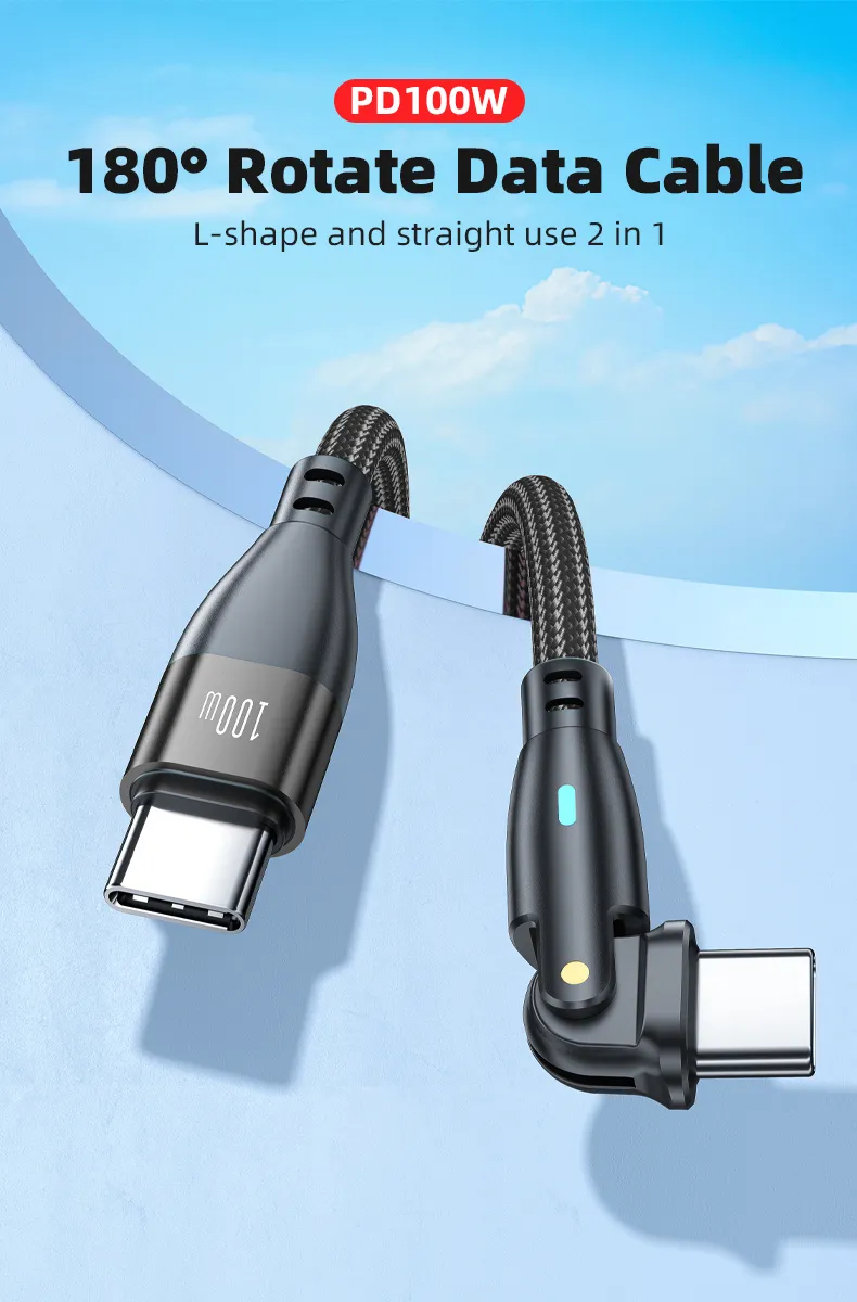 180 Degrees Free Rotation Fast Charging Data Cable Pd 100W with LED Light Type-C to Type-C Interface