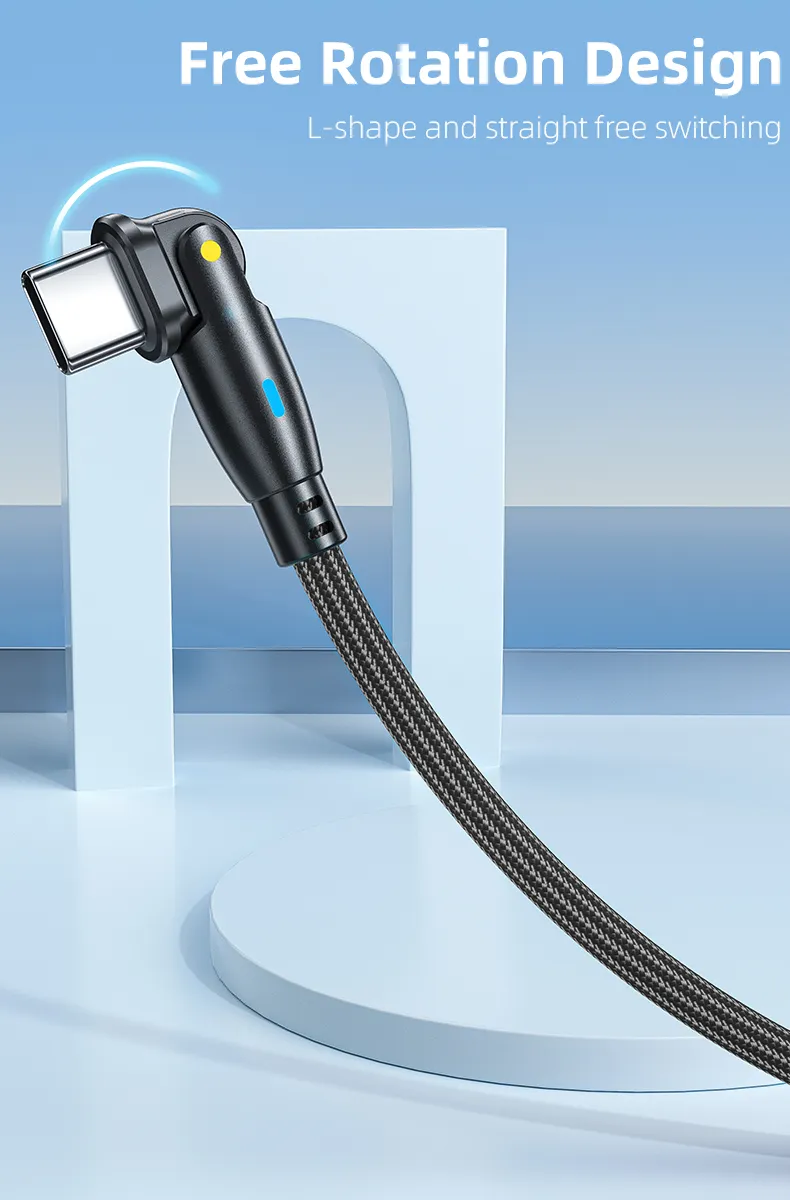 180 Degrees Free Rotation Fast Charging Data Cable Pd 100W with LED Light Type-C to Type-C Interface