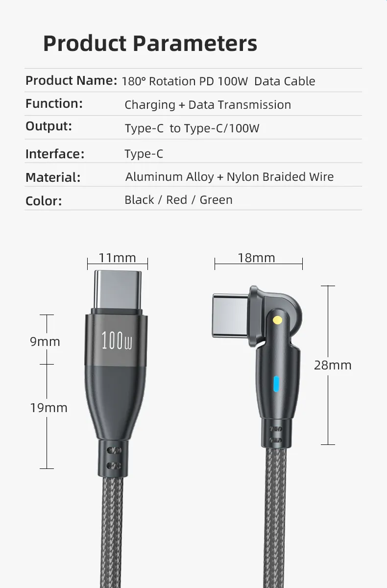 180 Degrees Free Rotation Fast Charging Data Cable Pd 100W with LED Light Type-C to Type-C Interface