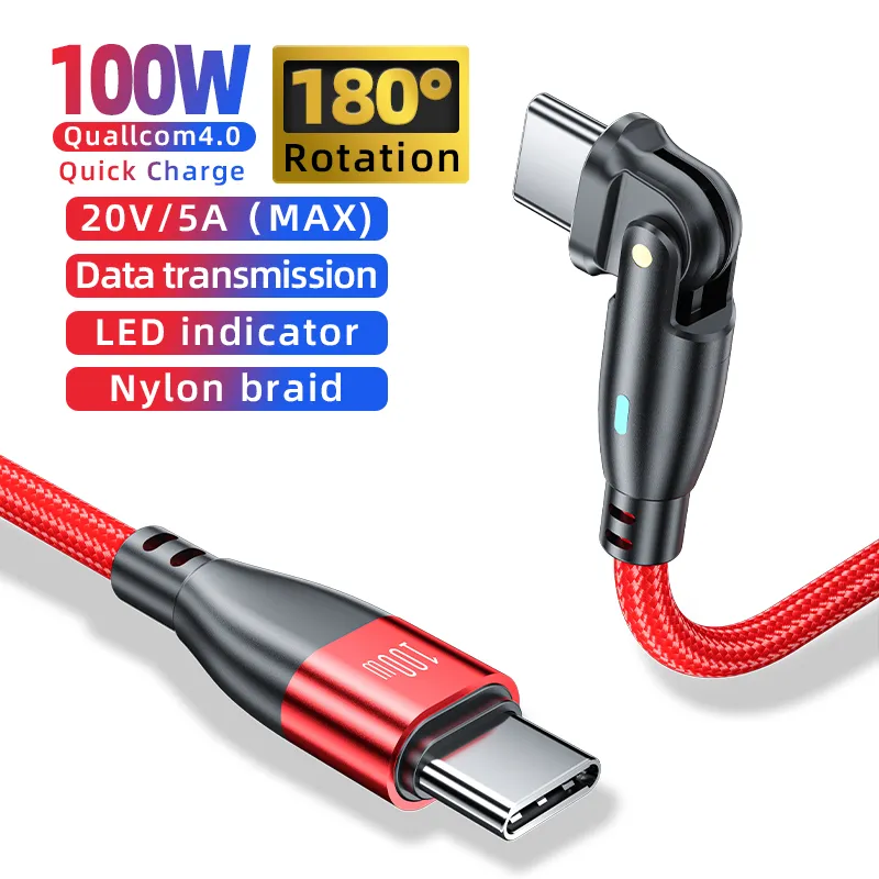 180 Degrees Free Rotation Fast Charging Data Cable Pd 100W with LED Light Type-C to Type-C Interface