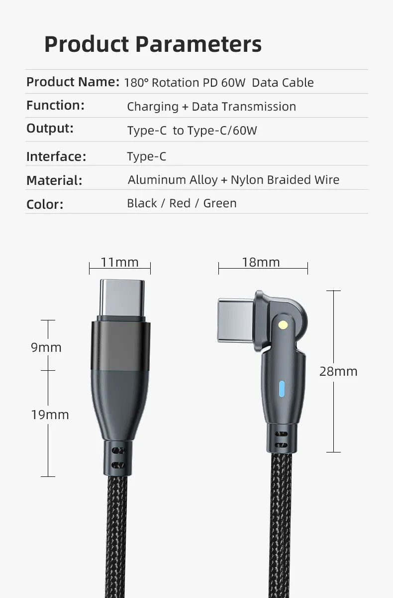 180 Degrees Free Rotation Fast Charging Data Cable with Type-C to Type-C Interface in Pd 60W