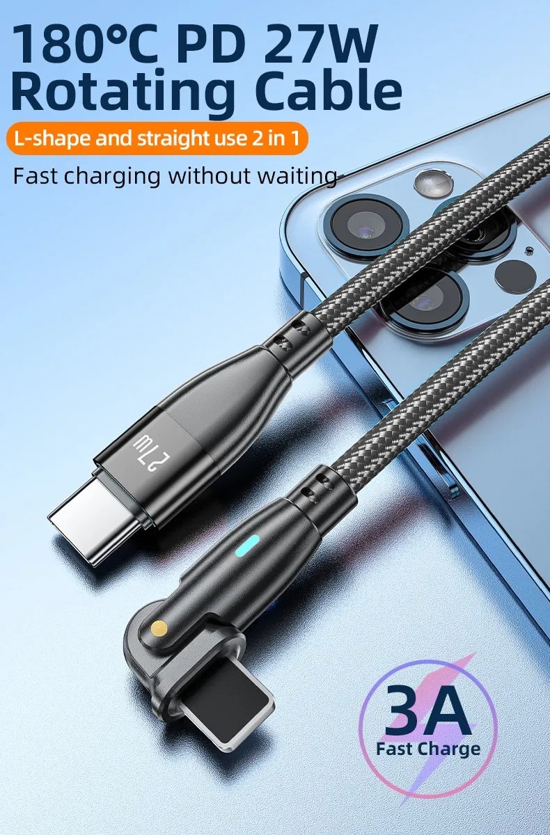 180 Degrees Free Rotation Quick Charging Data Cable Type-C to Lightning Wire in Pd 27W