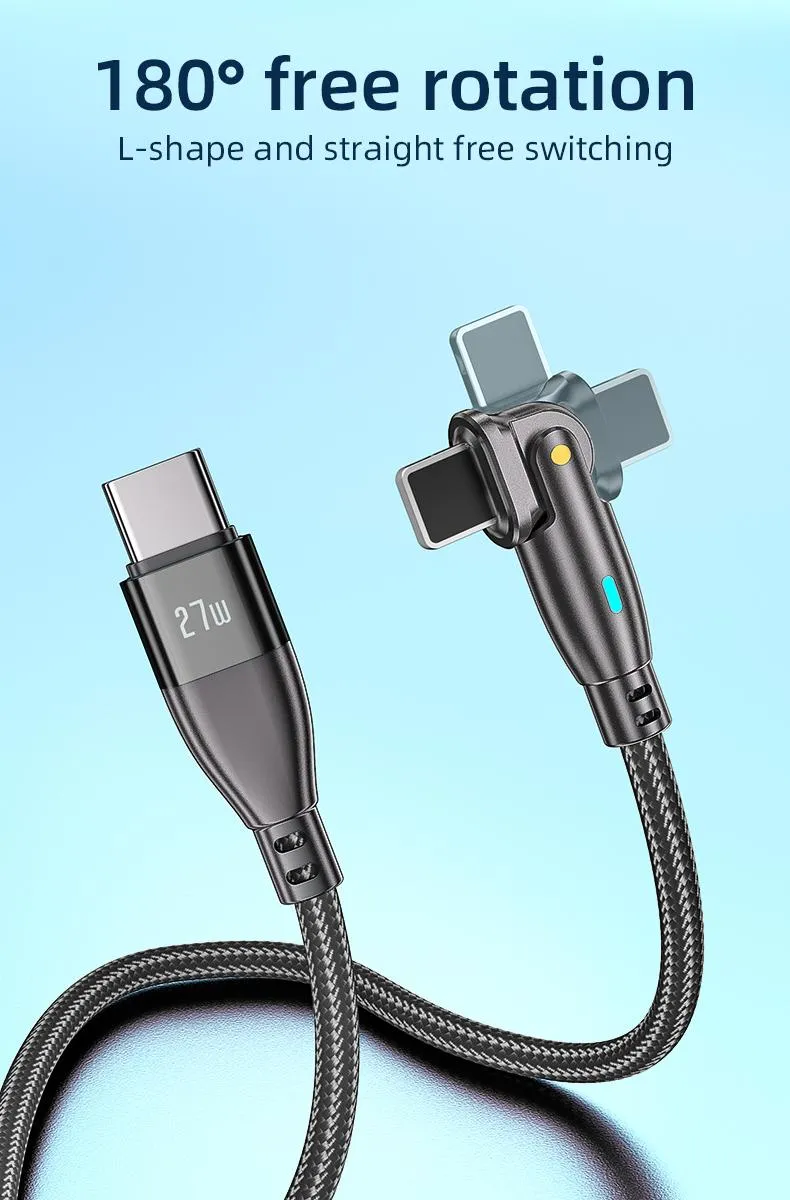 180 Degrees Free Rotation Quick Charging Data Cable Type-C to Lightning Wire in Pd 27W