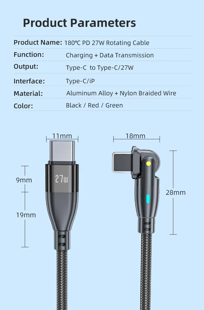 180 Degrees Free Rotation Quick Charging Data Cable Type-C to Lightning Wire in Pd 27W