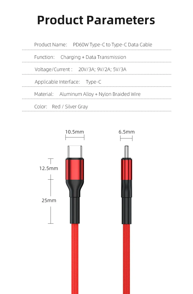 1 Meter 2 Meters Sr Lengthened Reinforced 180 Degrees Free Rotation Fast Charging Data Cable Type-C to Type-C Cable in Pd 60W