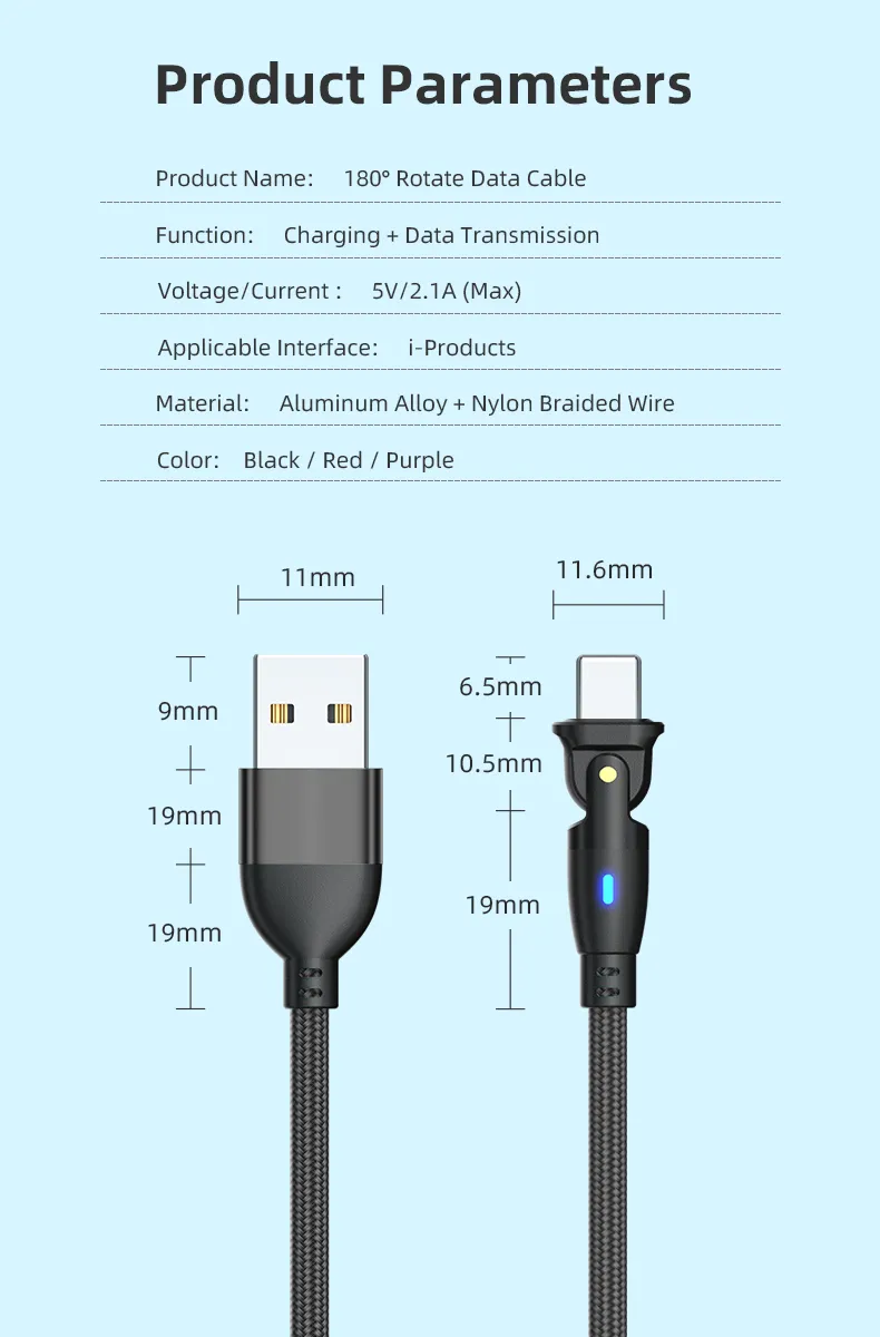 2 in 1 L-Shape and Straight Use 180 Degree Rotation Data Transmission USB Charging Cable with Lightning Interface