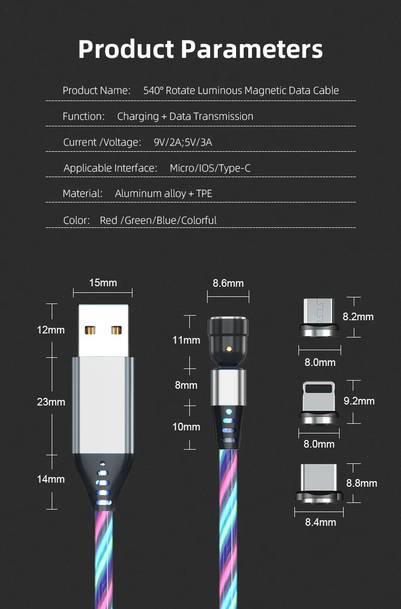 3 in 1 Multifunctional Upgraded 540 Degrees Rotating Luminous Magnetic Suction Fast Charging with Micro/Lightning/Type-C Interface Light Cable