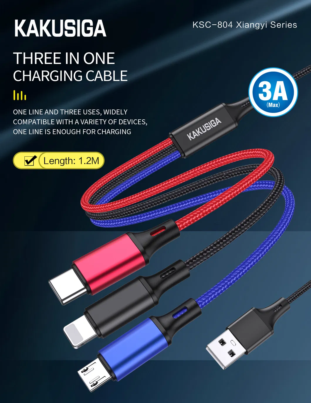 3 in 1 Quick Charging Cable for iPhone Samsung Android Phone Charging