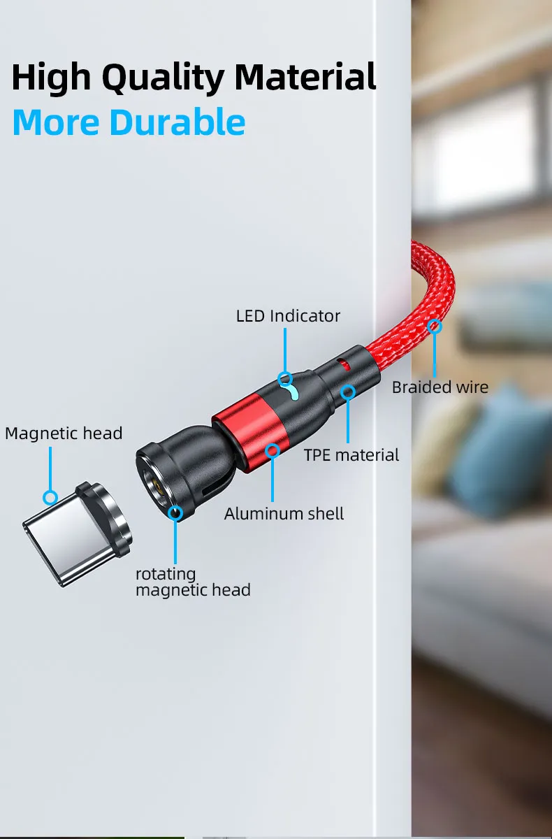 540 Degrees Free Rotation Charging Cable Magnetic Suction USB Cable Multifunctional 3 in 1 with Micro/Lightning/Type-C Interface Light