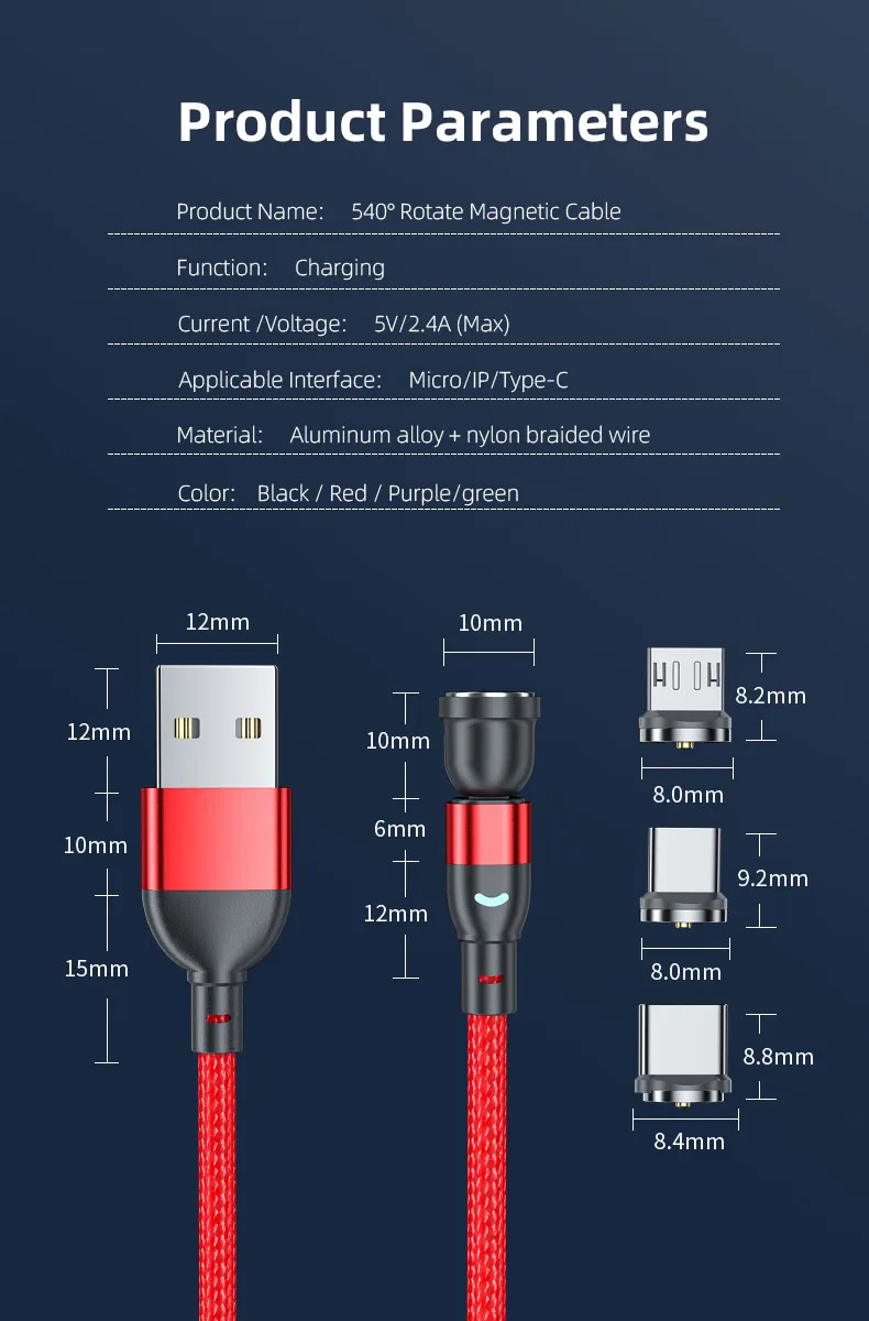 540 Degrees Free Rotation Charging Cable Magnetic Suction USB Cable Multifunctional 3 in 1 with Micro/Lightning/Type-C Interface Light