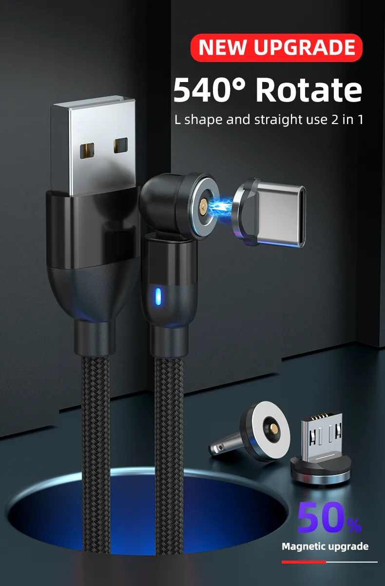 540 Degrees Rotating Magnetic Suction Charging Cable USB Light 3 in 1 Charging Cable with Micro/Lightning/Type-C Interface