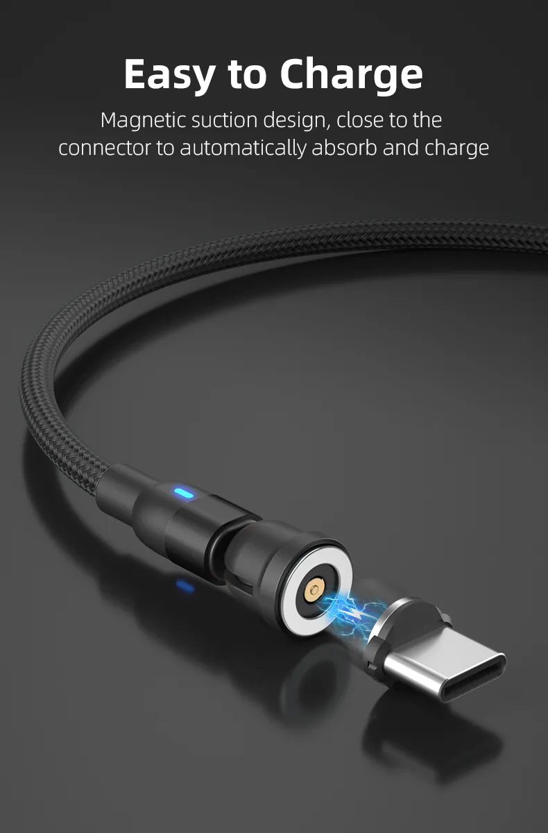 540 Degrees Rotating Magnetic Suction Charging Cable USB Light 3 in 1 Charging Cable with Micro/Lightning/Type-C Interface