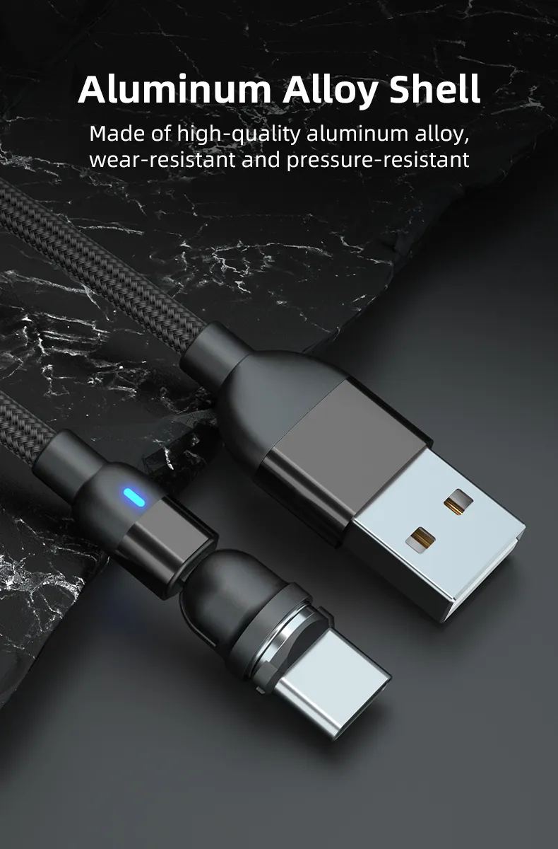 540 Degrees Rotating Magnetic Suction Charging Cable USB Light 3 in 1 Charging Cable with Micro/Lightning/Type-C Interface