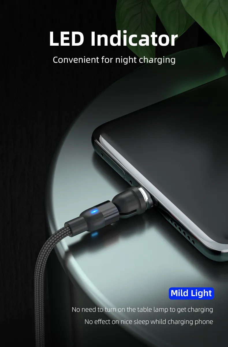 540 Degrees Rotating Magnetic Suction Charging Cable USB Light 3 in 1 Charging Cable with Micro/Lightning/Type-C Interface