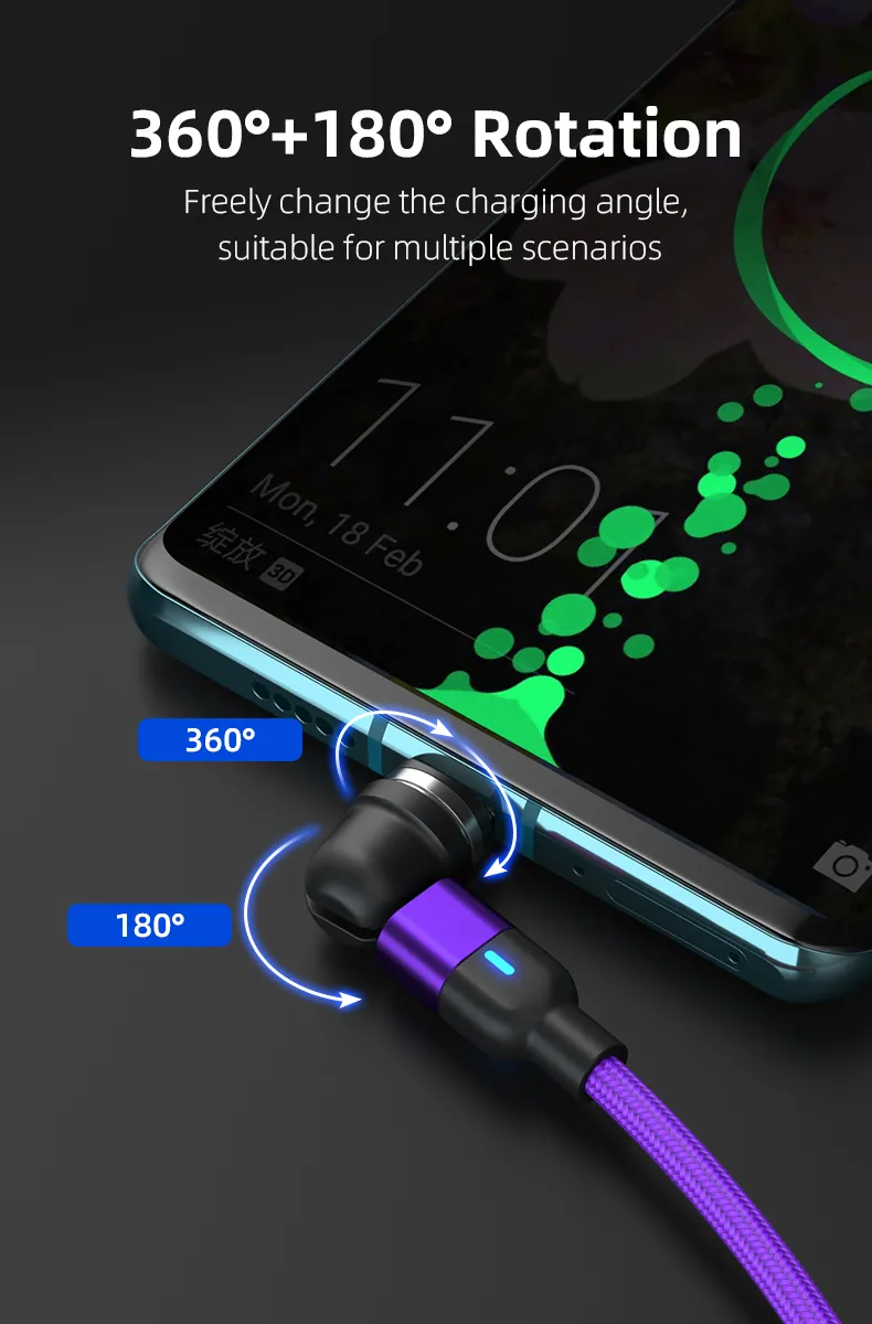 540 Degrees Rotation Charging Magnetic Suction Charging Cable Multifunction 3 in 1 with Micro/Lightning/Type-C Interface Light Cable