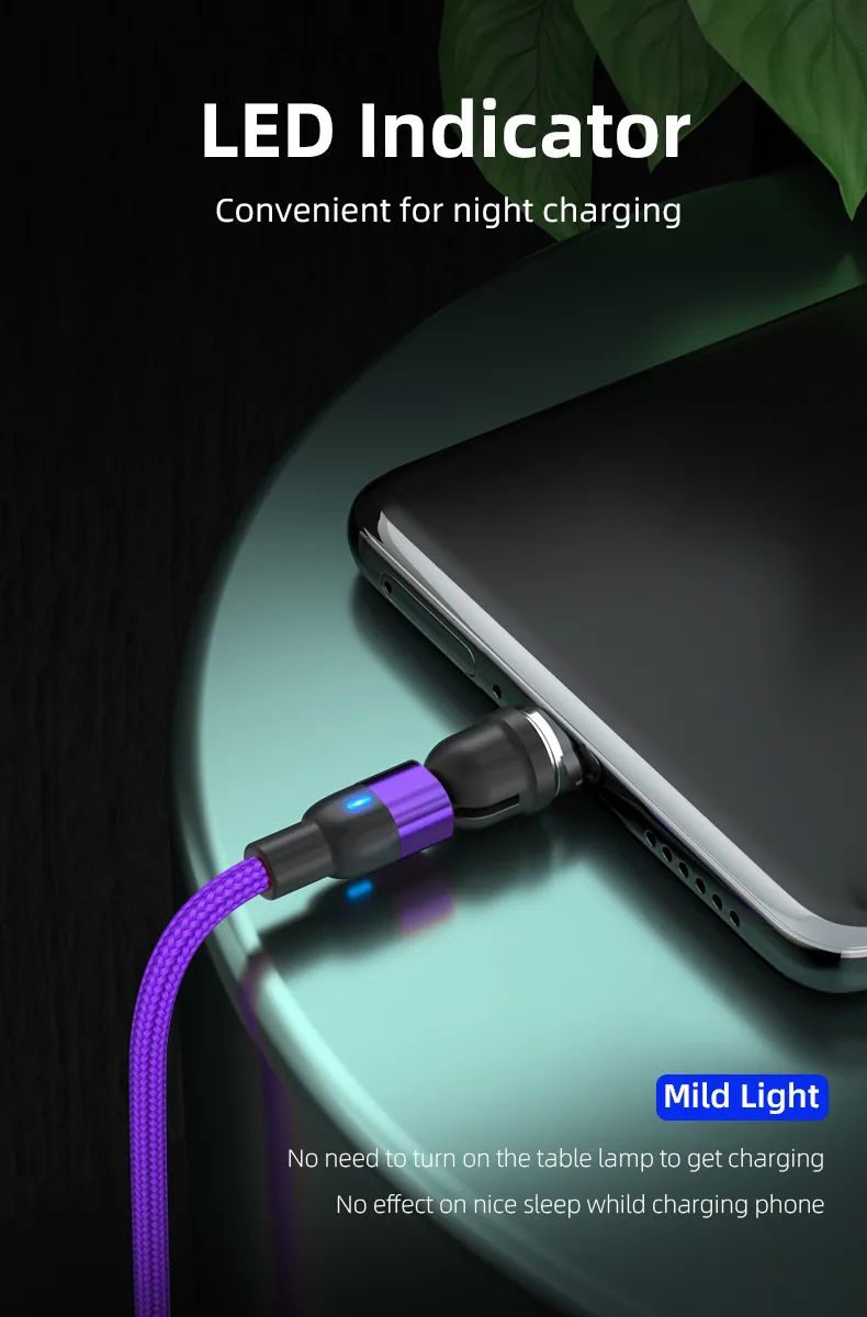 540 Degrees Rotation Charging Magnetic Suction Charging Cable Multifunction 3 in 1 with Micro/Lightning/Type-C Interface Light Cable