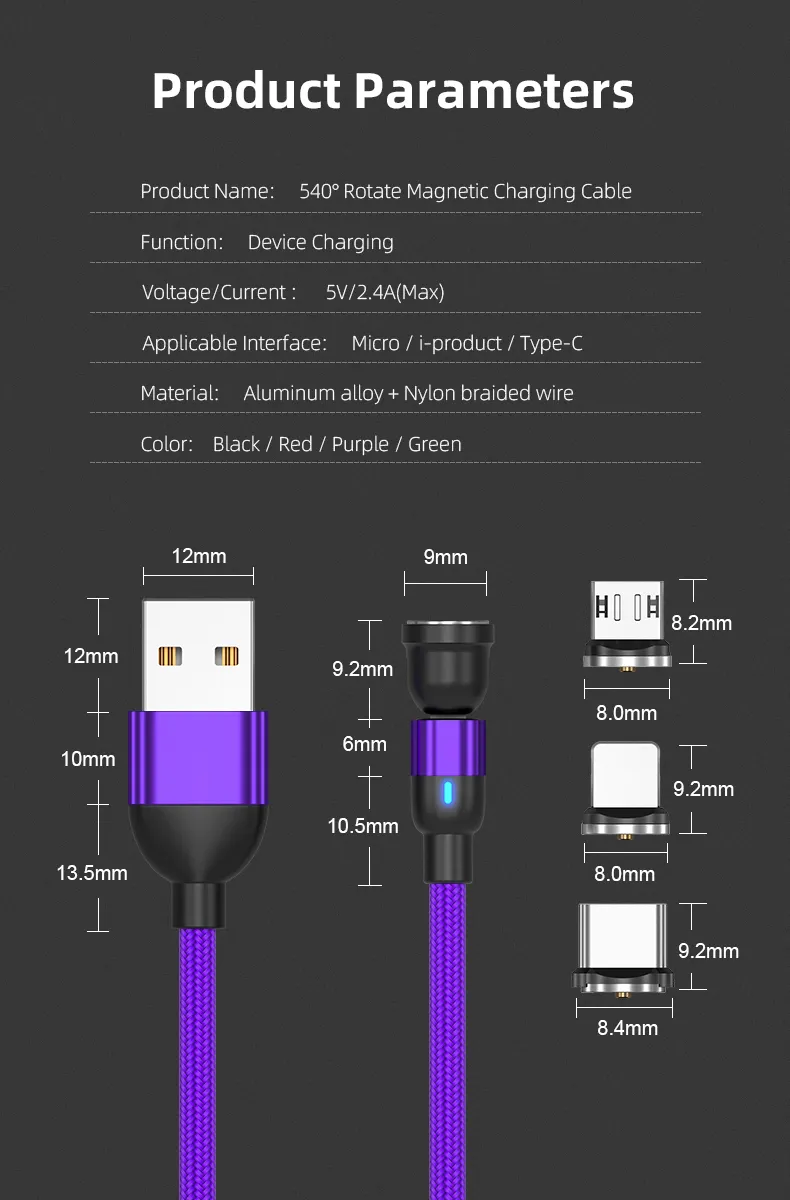 540 Degrees Rotation Charging Magnetic Suction Charging Cable Multifunction 3 in 1 with Micro/Lightning/Type-C Interface Light Cable