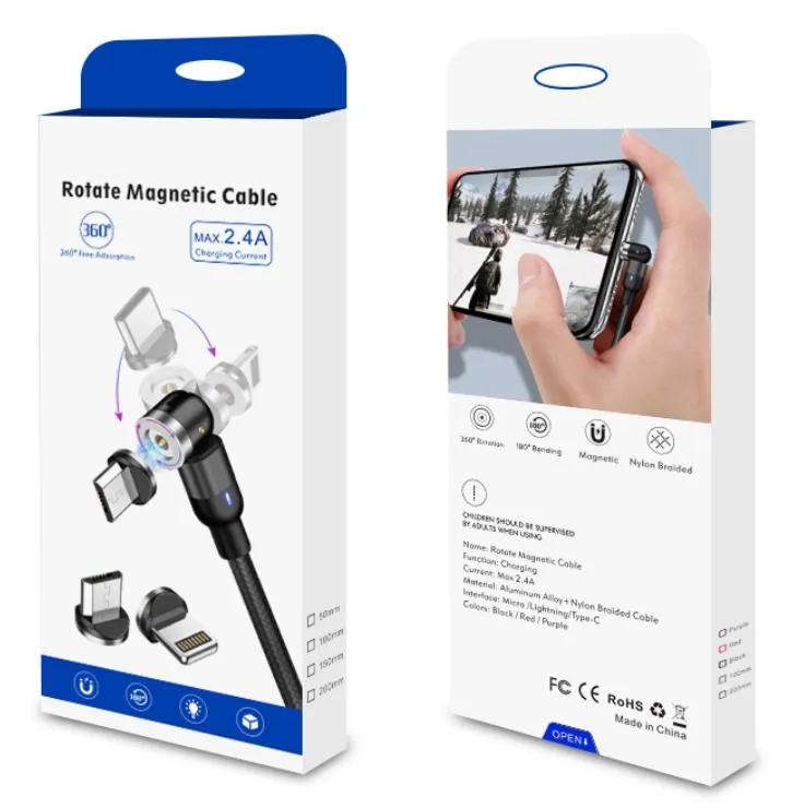 540 Degrees Rotation Charging Magnetic Suction Charging Cable Multifunction 3 in 1 with Micro/Lightning/Type-C Interface Light Cable