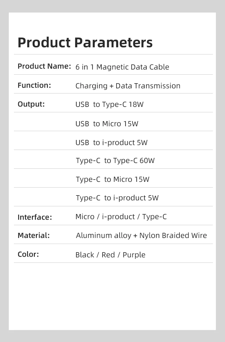 Magnetic Data Cable Pd 60W Fast Charging Cable LED Light Multifunctional 6 in 1 USB for Micro/Type-C/Lightning