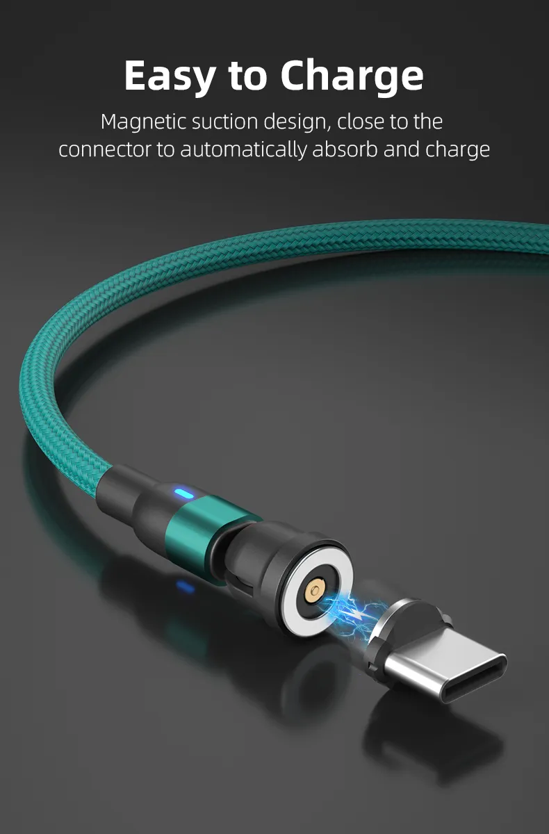 Magnetic Suction Charging Cable 540 Degrees Rotation Multifunctional 3 in 1 USB with Micro/Lightning/Type-C Interface Light Cable