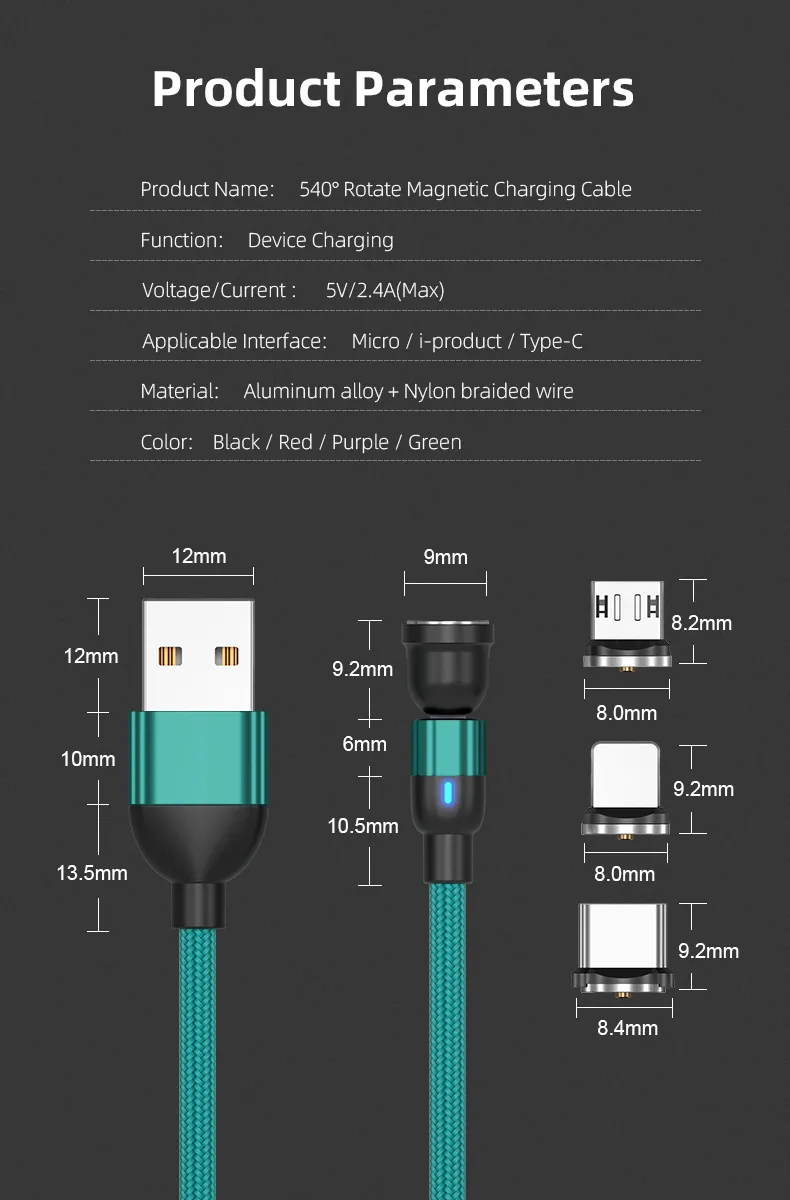 Magnetic Suction Charging Cable 540 Degrees Rotation Multifunctional 3 in 1 USB with Micro/Lightning/Type-C Interface Light Cable