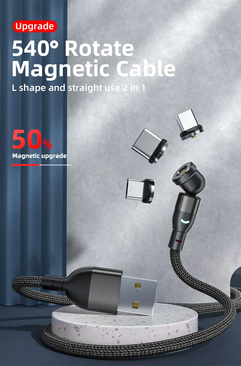 Magnetic Suction Charging Cable 540 Degrees Rotation USB Charging Cable with Micro/Lightning/Type-C Interface 3 in 1 Use