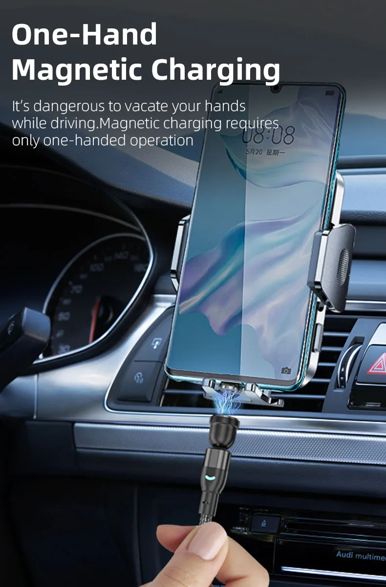 Magnetic Suction Charging Cable 540 Degrees Rotation USB Charging Cable with Micro/Lightning/Type-C Interface 3 in 1 Use