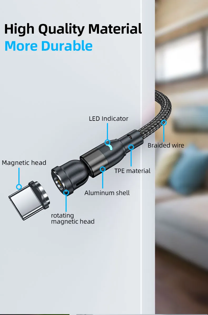 Magnetic Suction Charging Cable 540 Degrees Rotation USB Charging Cable with Micro/Lightning/Type-C Interface 3 in 1 Use