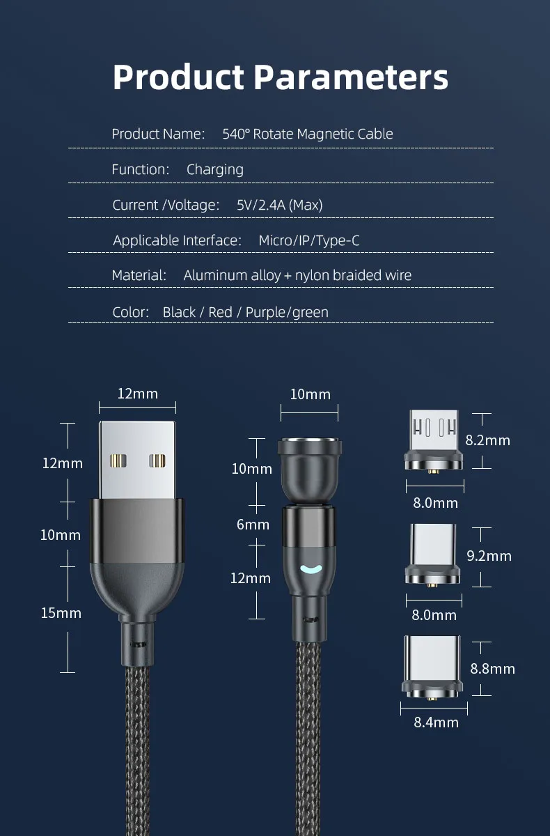 Magnetic Suction Charging Cable 540 Degrees Rotation USB Charging Cable with Micro/Lightning/Type-C Interface 3 in 1 Use